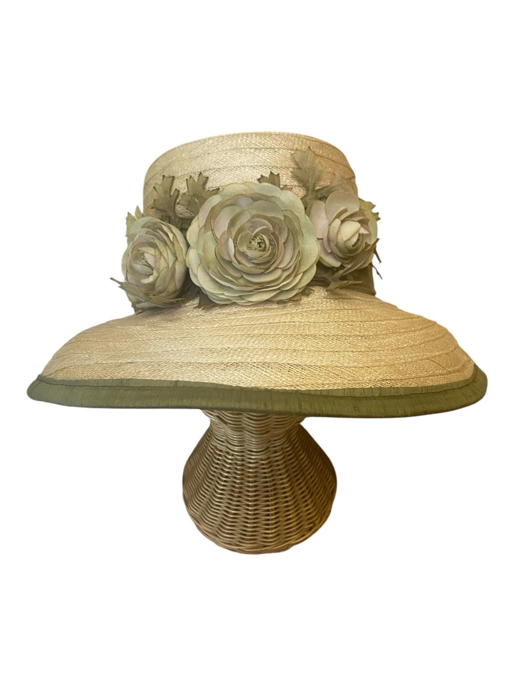 Toucan Collection Women’s Beige Straw Wide Brim Sun Hat Green Band Flower Vintag